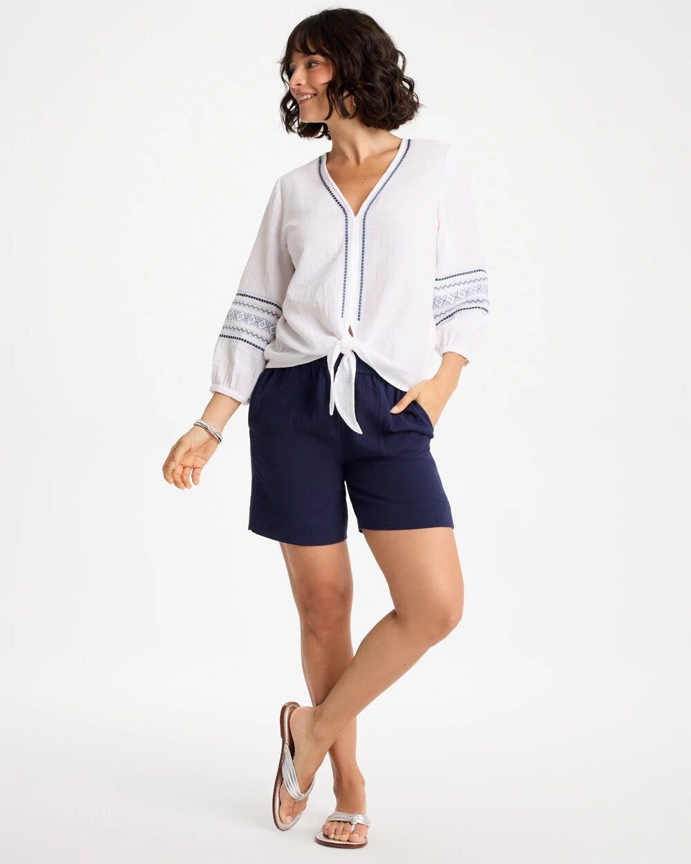 Cotton Gauze Embroidered Tie-Front Blouse