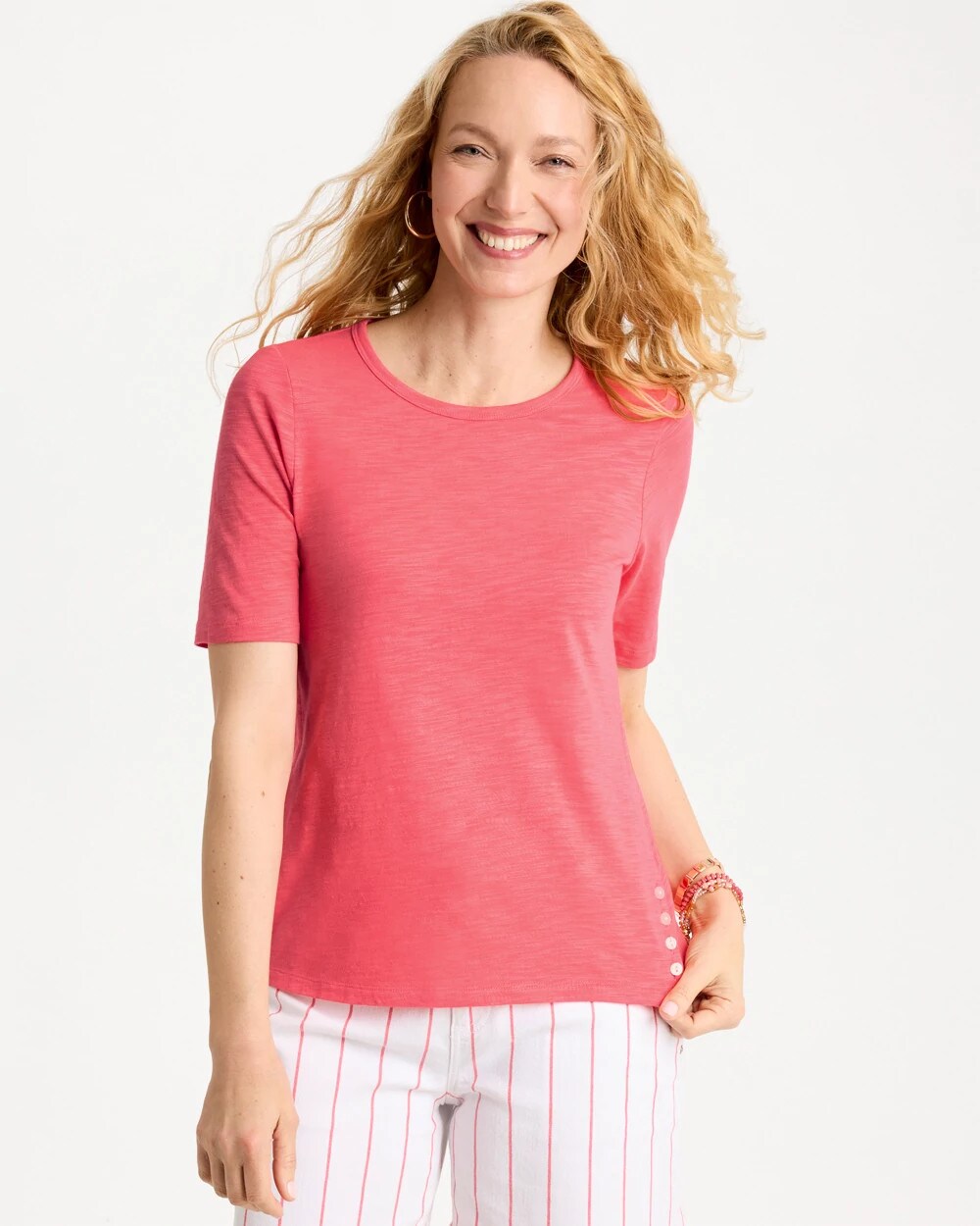 Cotton Slub Crewneck Button Tee