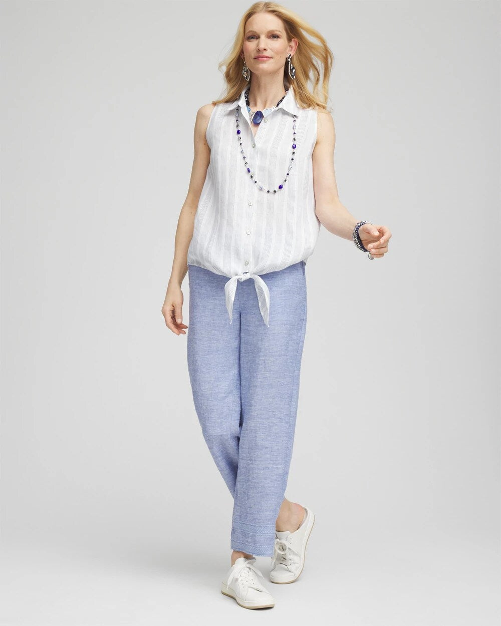 No Iron Linen Tie-Front Sleeveless Shirt