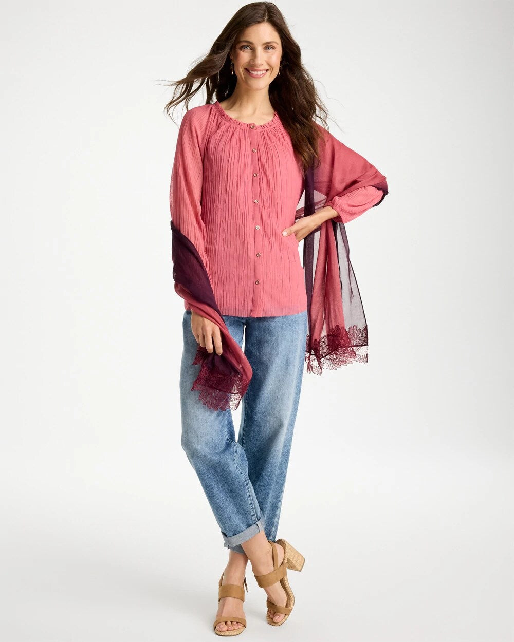 Crinkle Mesh Ruffle Neck Top