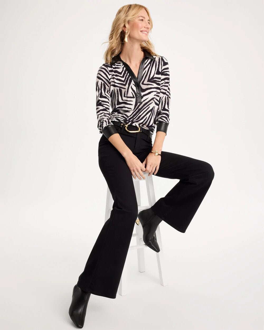 Zebra Animal Print Knit Leather-Trim Tee