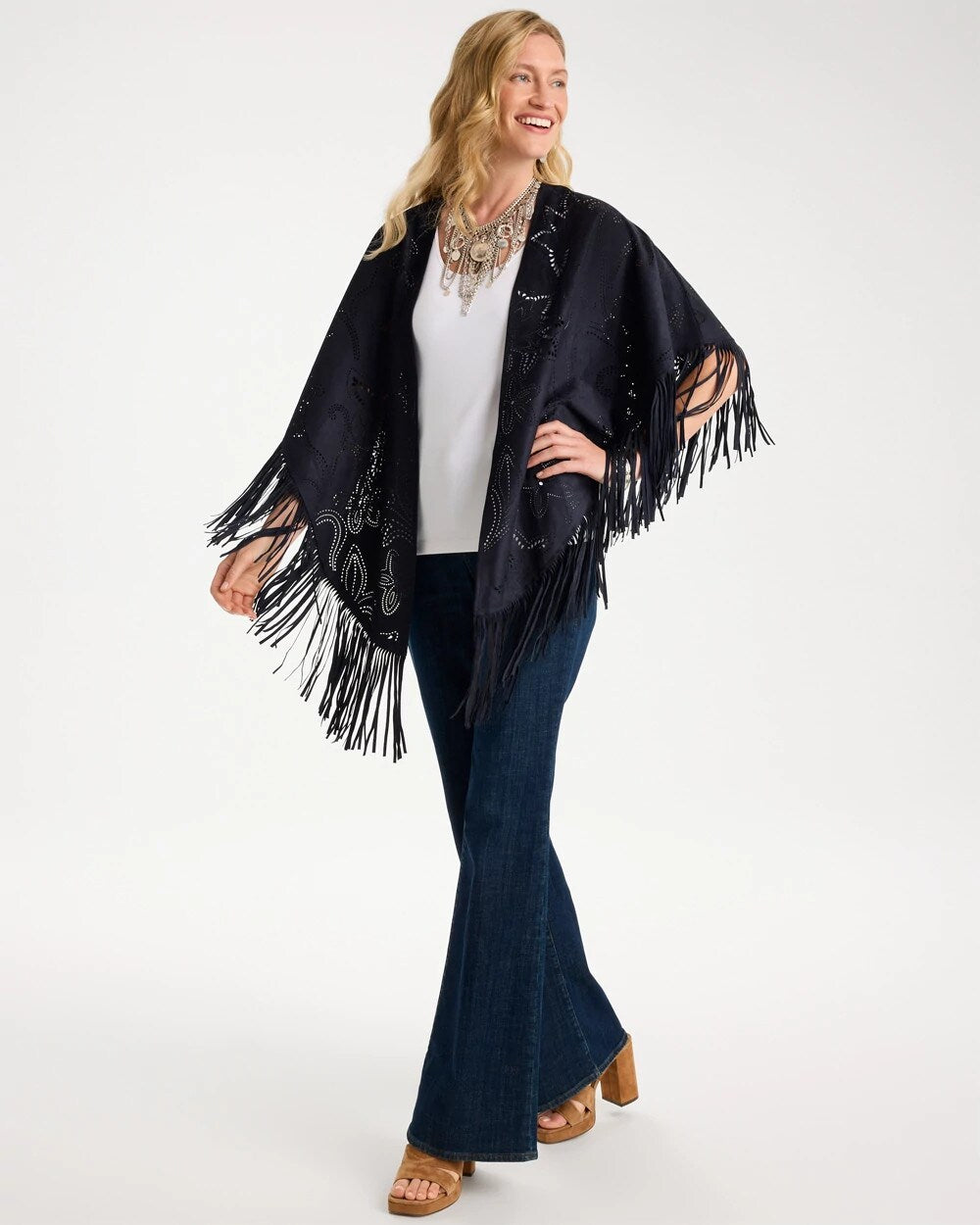Cutout Faux Suede Fringe Ruana