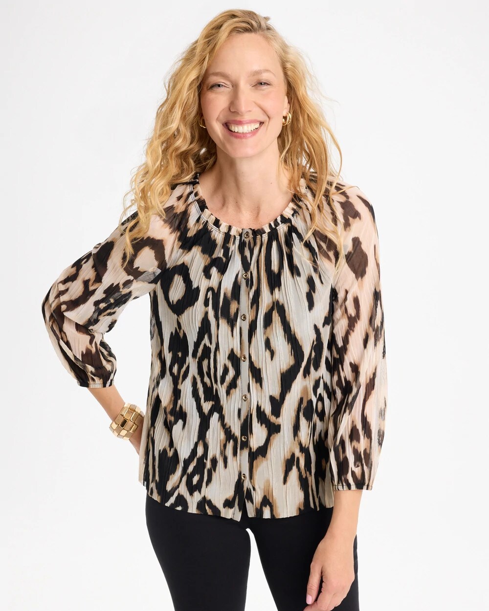 Ikat Animal Crinkle Mesh Ruffle Neck Top