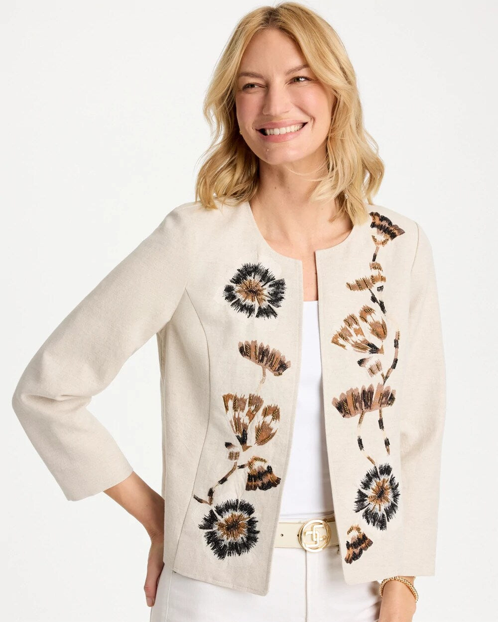 Linen Collarless Embroidered Jacket