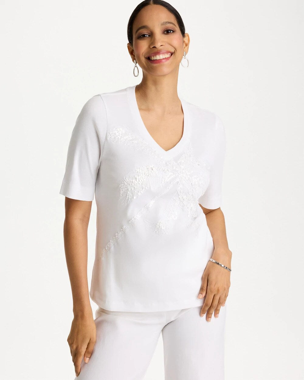 Palm Embellished Pima Elbow Sleeve Tee