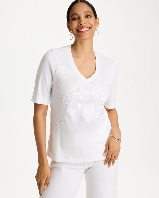 Palm Embellished Pima Elbow Sleeve Tee