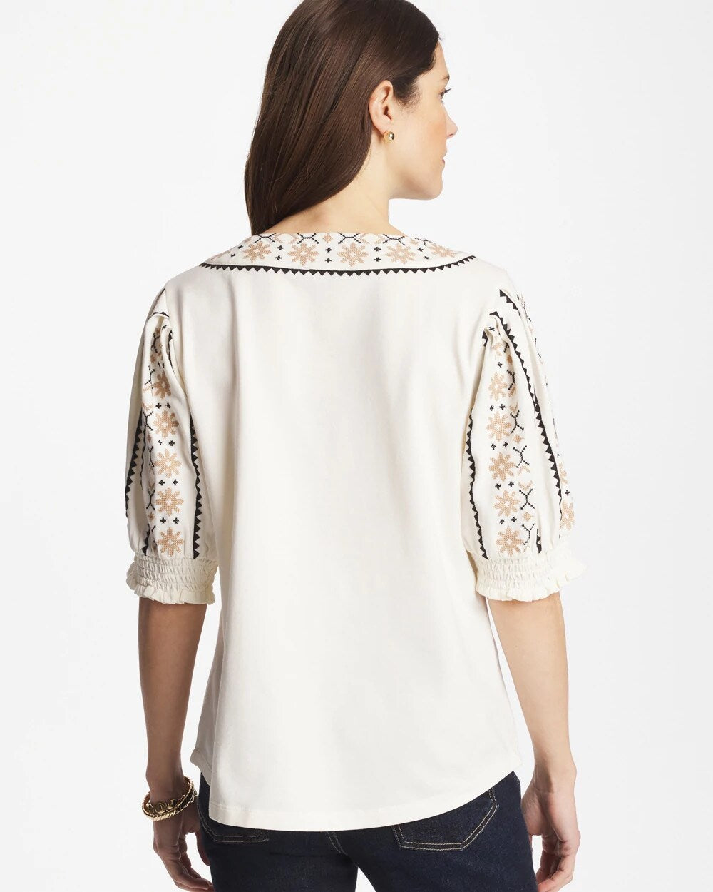 Embroidered Smocked-Sleeve Tee
