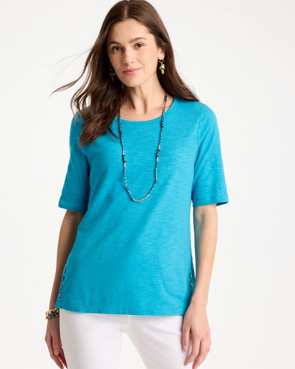 Cotton Slub Crewneck Button Tee