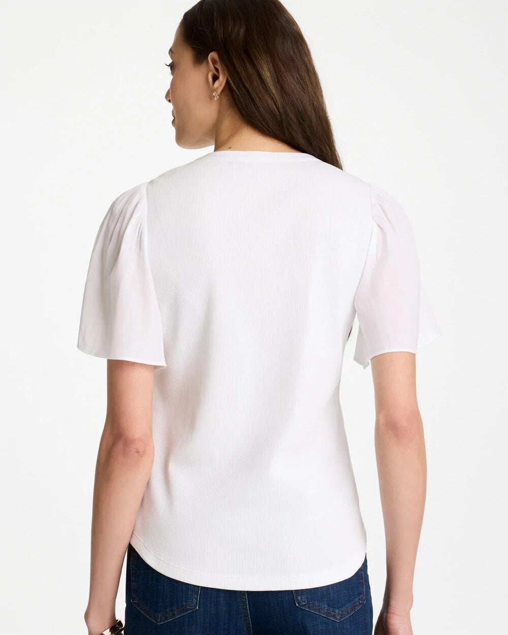 Rib Knit Woven Flutter Sleeve Tee