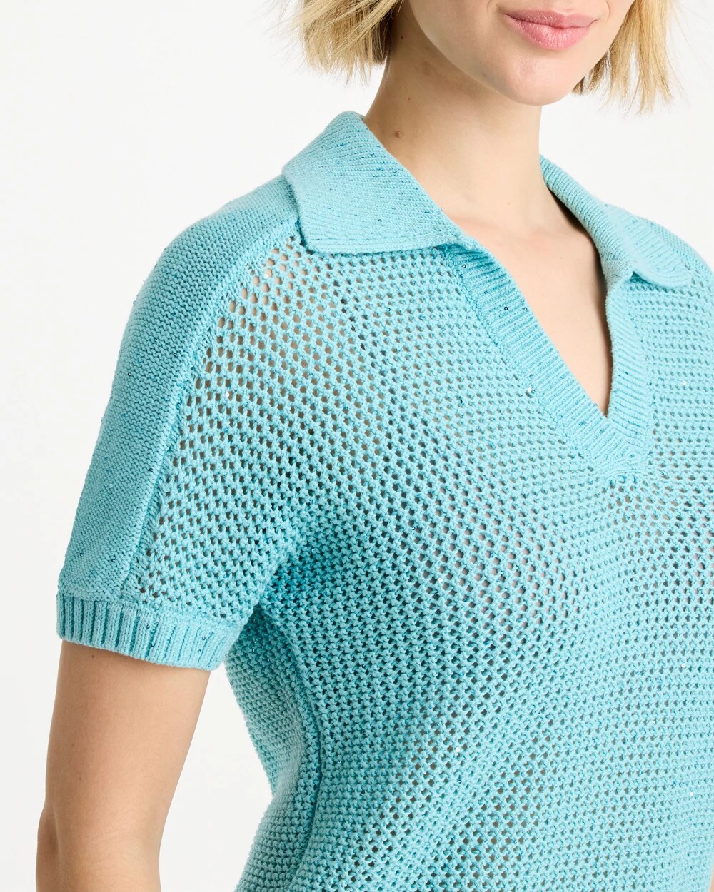 Sequin Pointelle Pullover Polo Sweater