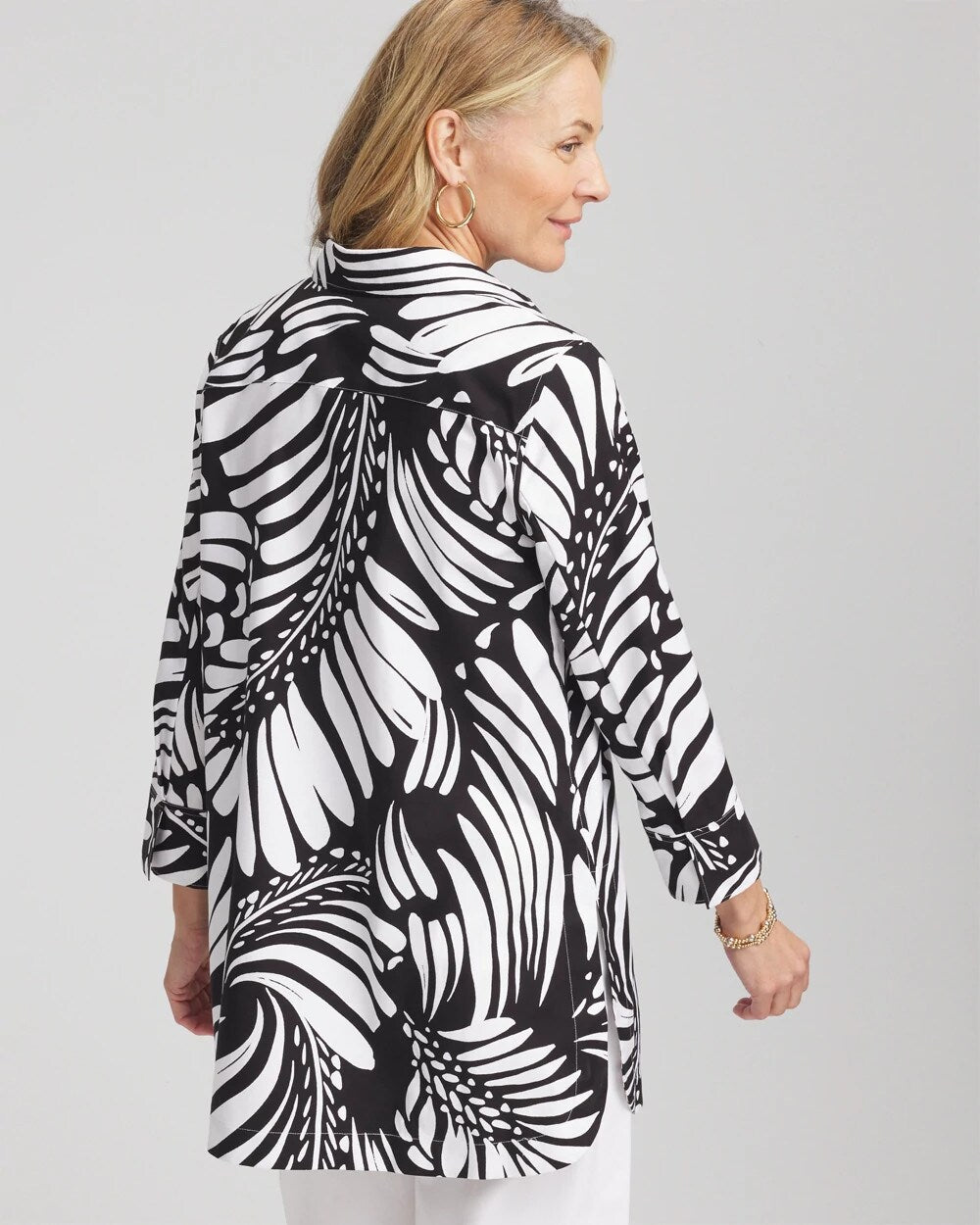 No Iron Printed Palms Button Down Tunic