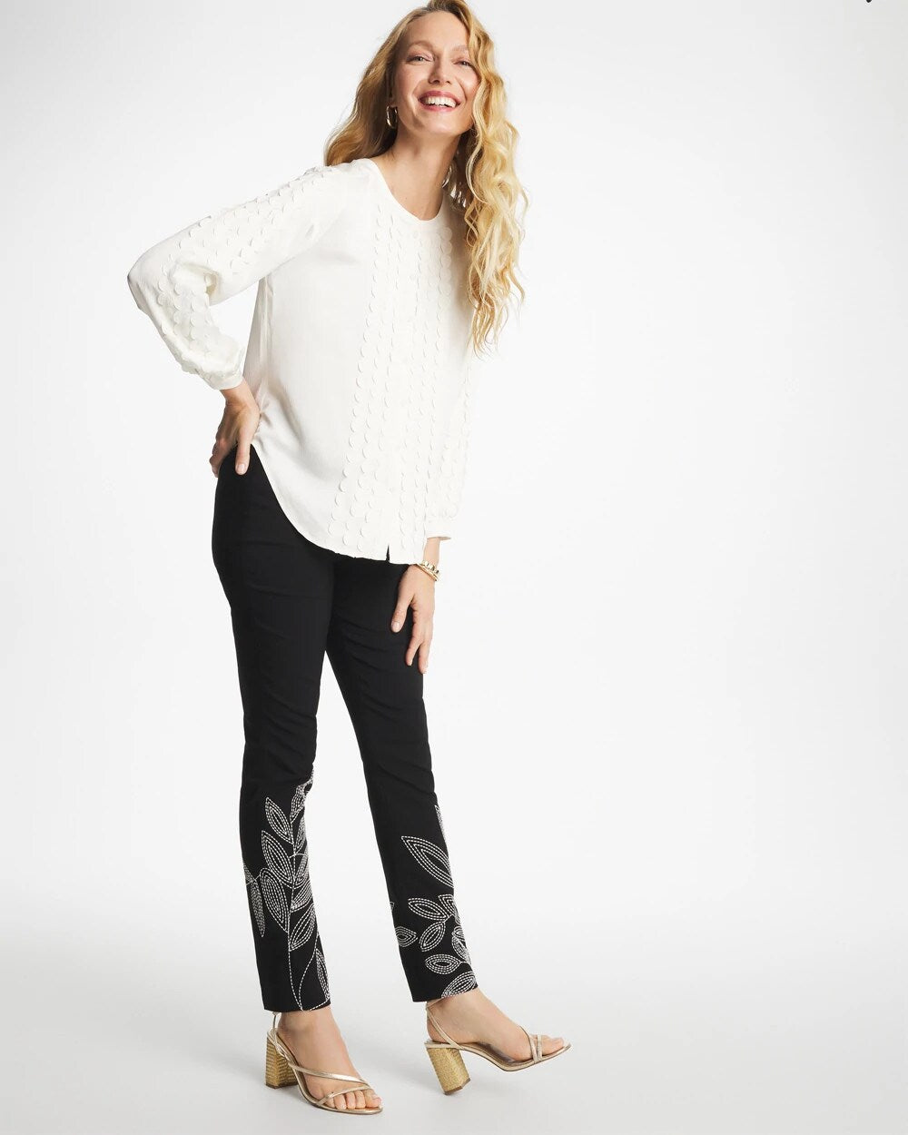 Floral Soutache Brigitte Slim Pull-On Ankle Pants