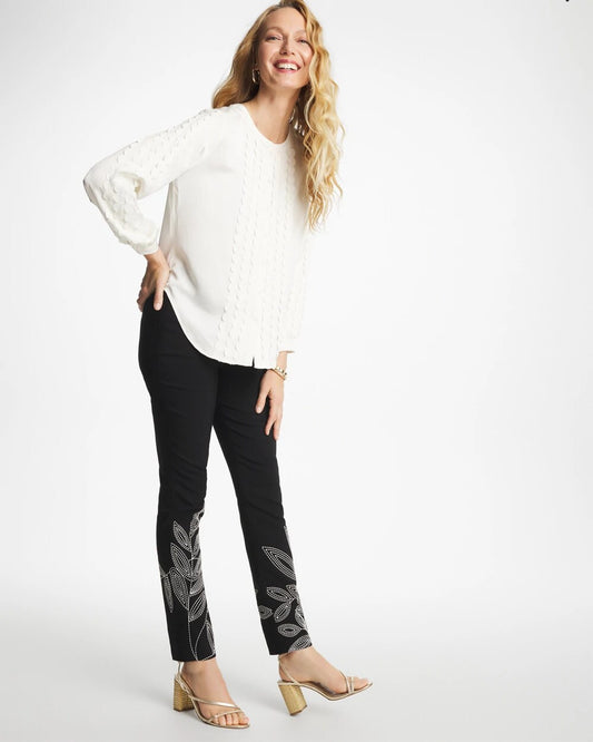 Floral Soutache Brigitte Slim Pull-On Ankle Pants