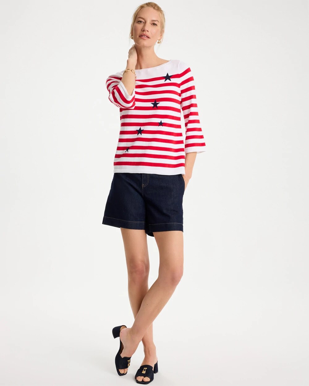 Cotton-Blend Americana Striped Intarsia Sweater