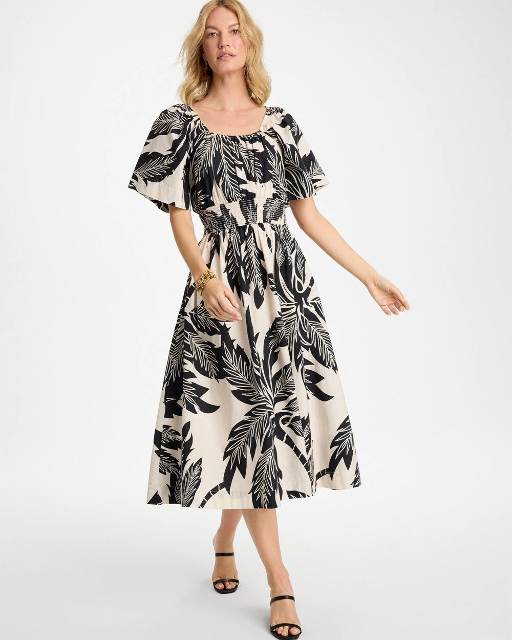 Poplin Cotton Palm Off-Shoulder Dress