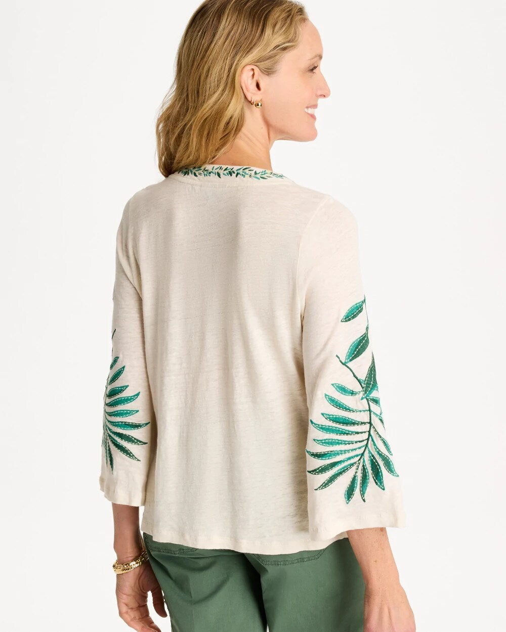 Linen Palm Embroidered Pleated Tee