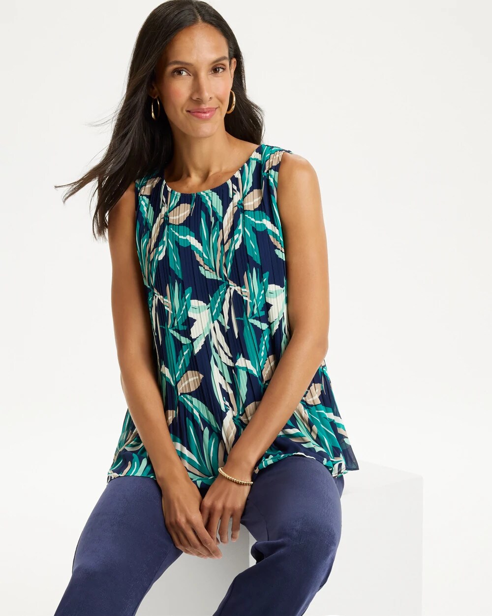 Travelers Palm Pleated Chiffon Tank