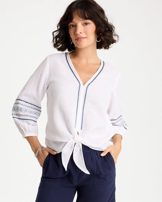 Cotton Gauze Embroidered Tie-Front Blouse