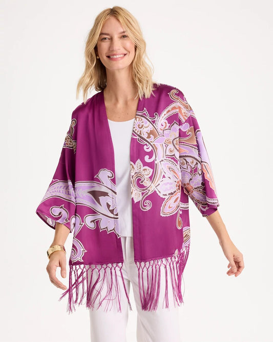 Fringed Burnout Satin Kimono