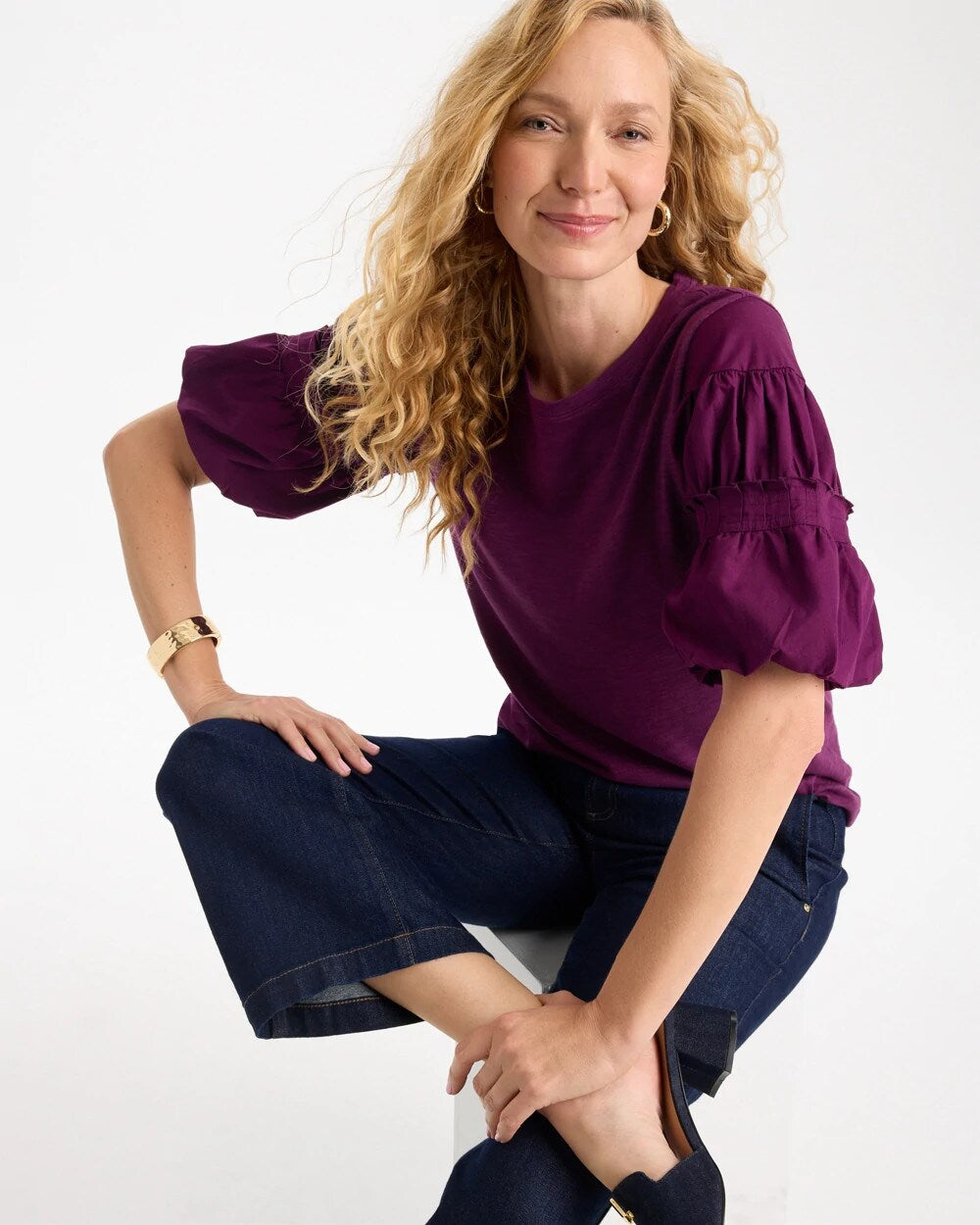Cotton Slub Poplin Pleat Sleeve Tee