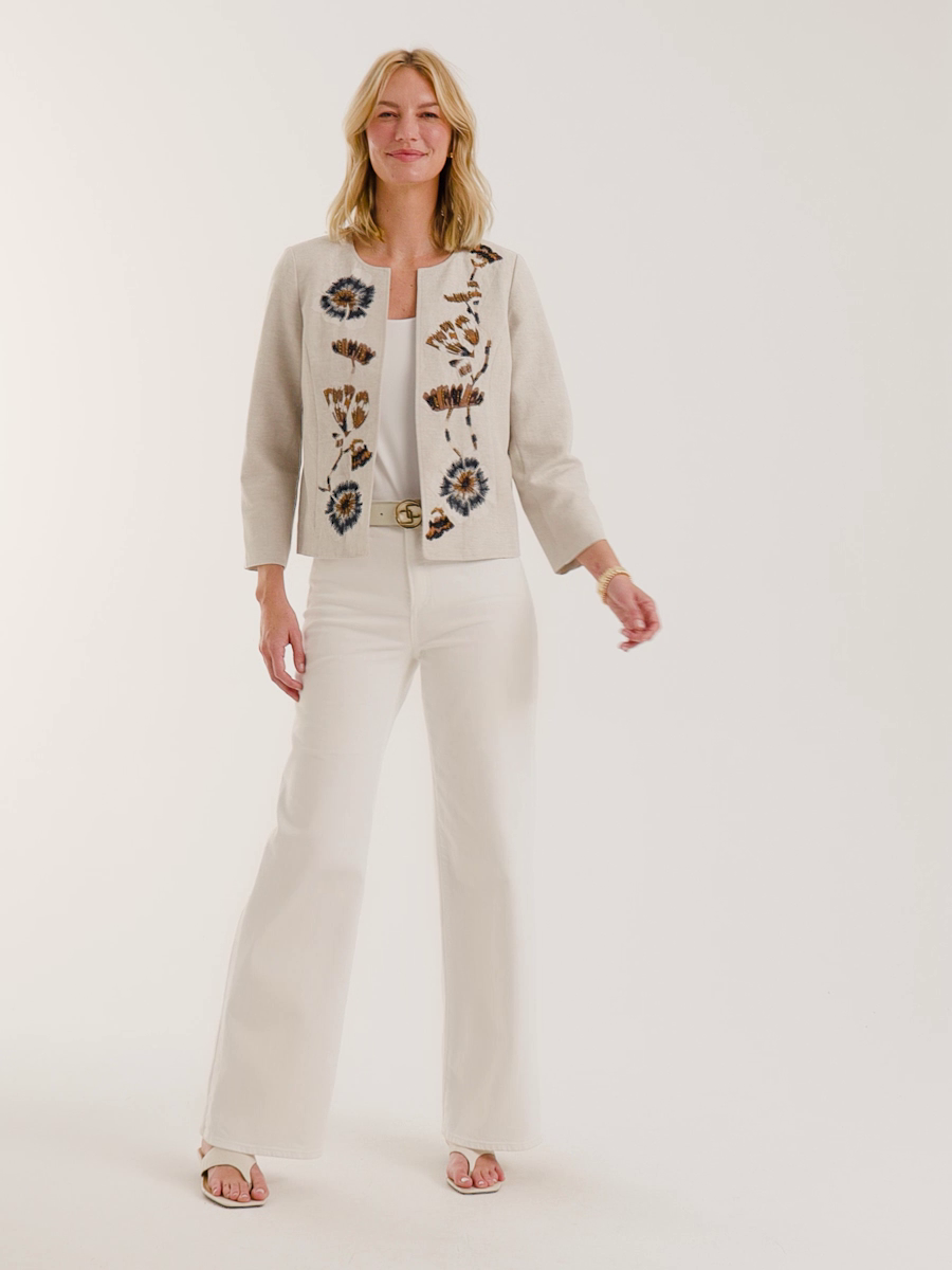 Linen Collarless Embroidered Jacket