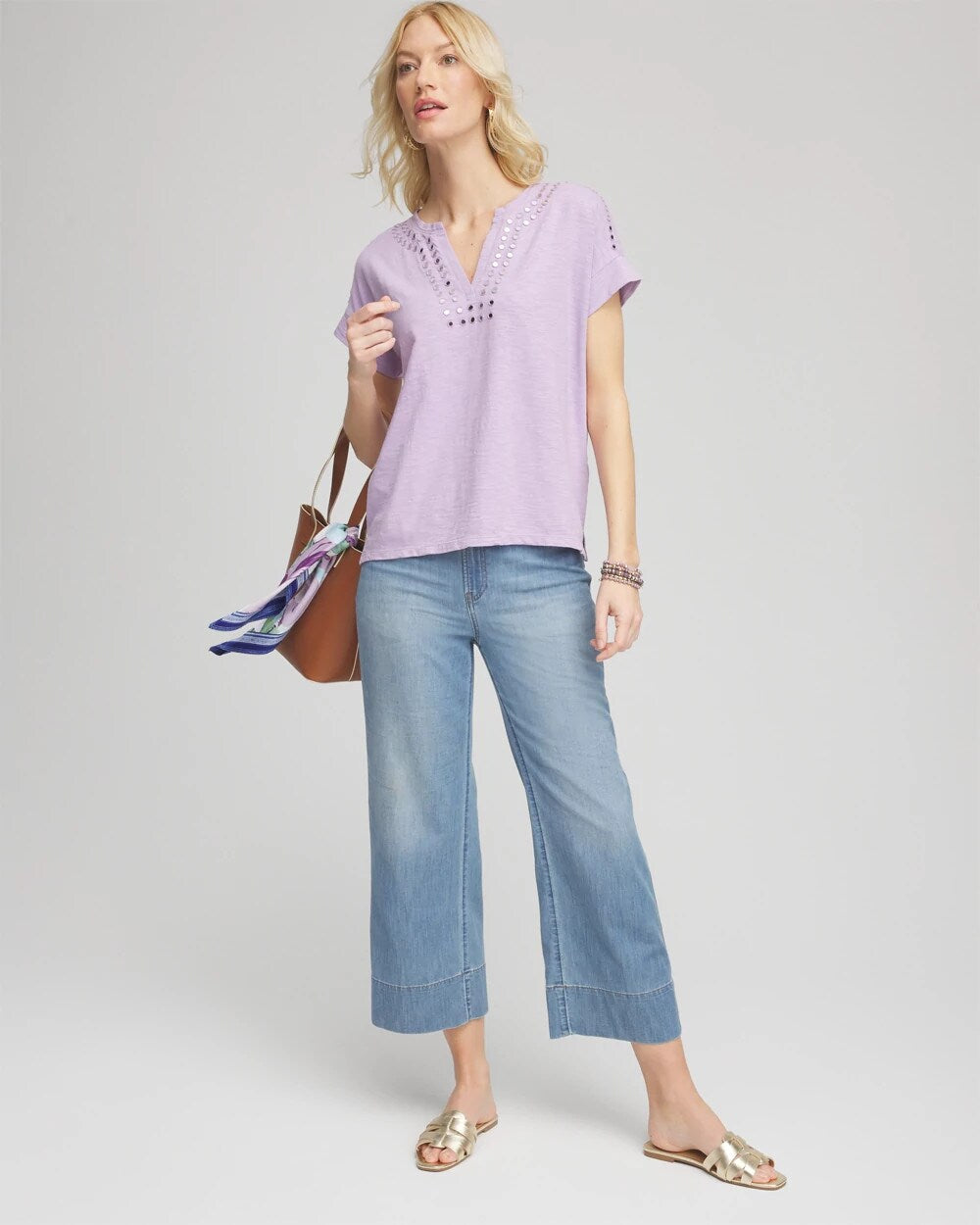Paillette Trim Cotton Slub Tee