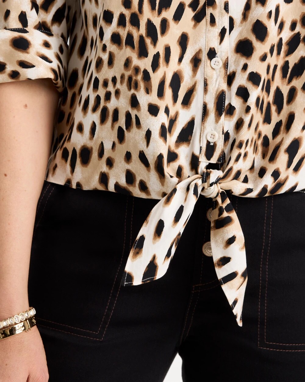 Poplin Cotton Animal Print Tie-Front Top