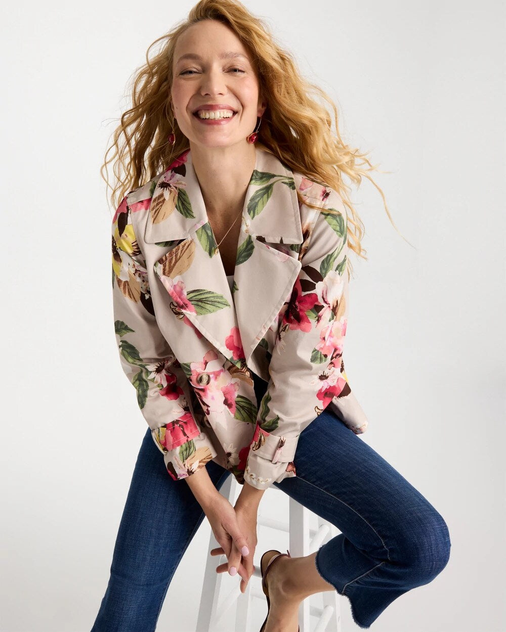 Cotton-Stretch Floral Trench Coat