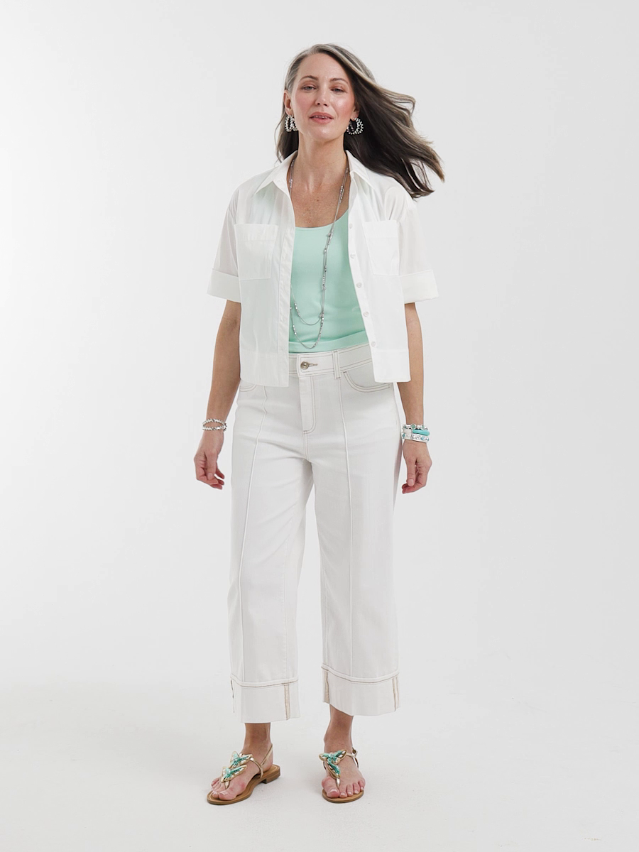 Pintuck High-Cuff Cropped Jeans