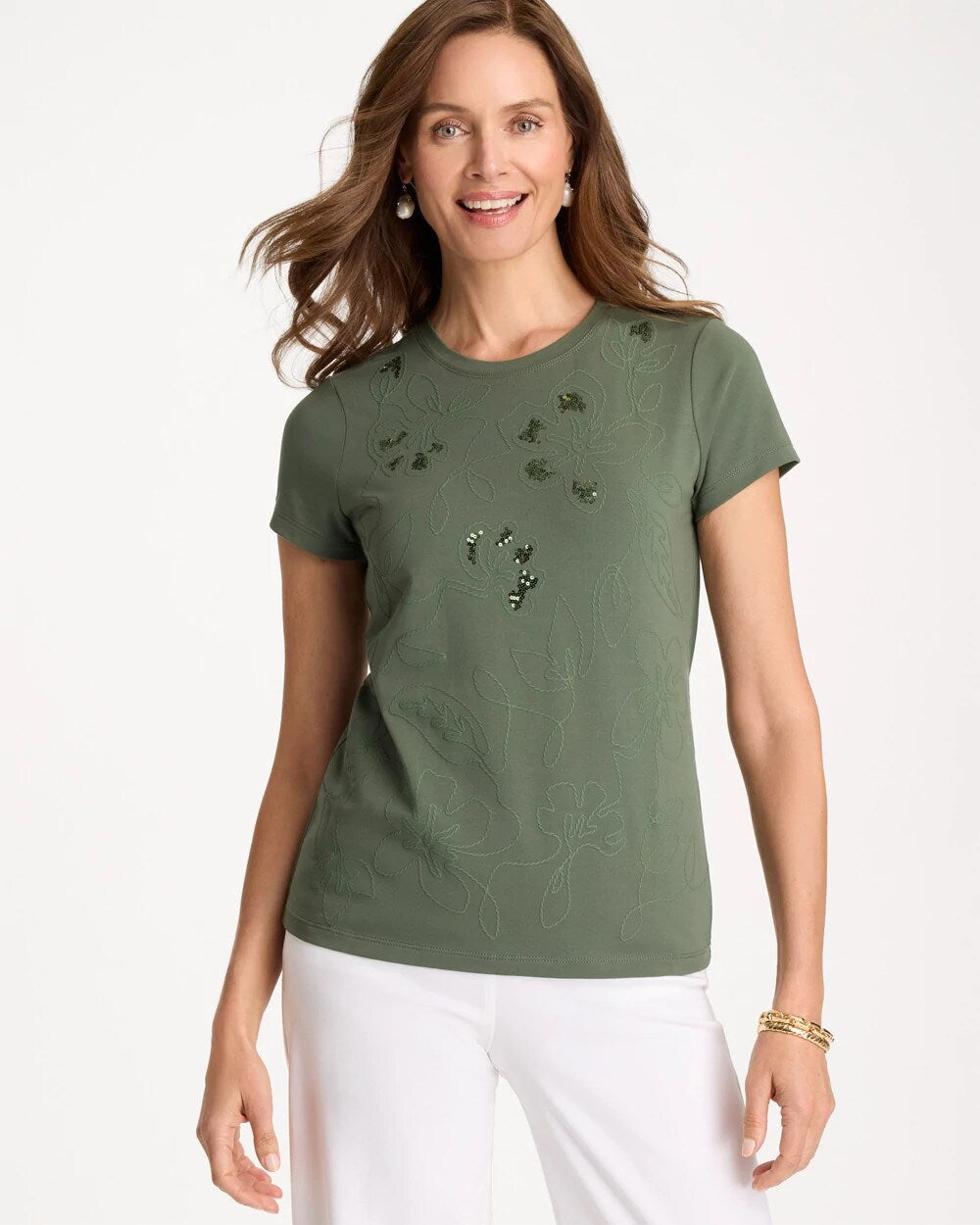 Embellished Cotton Stretch Cap-Sleeve Tee