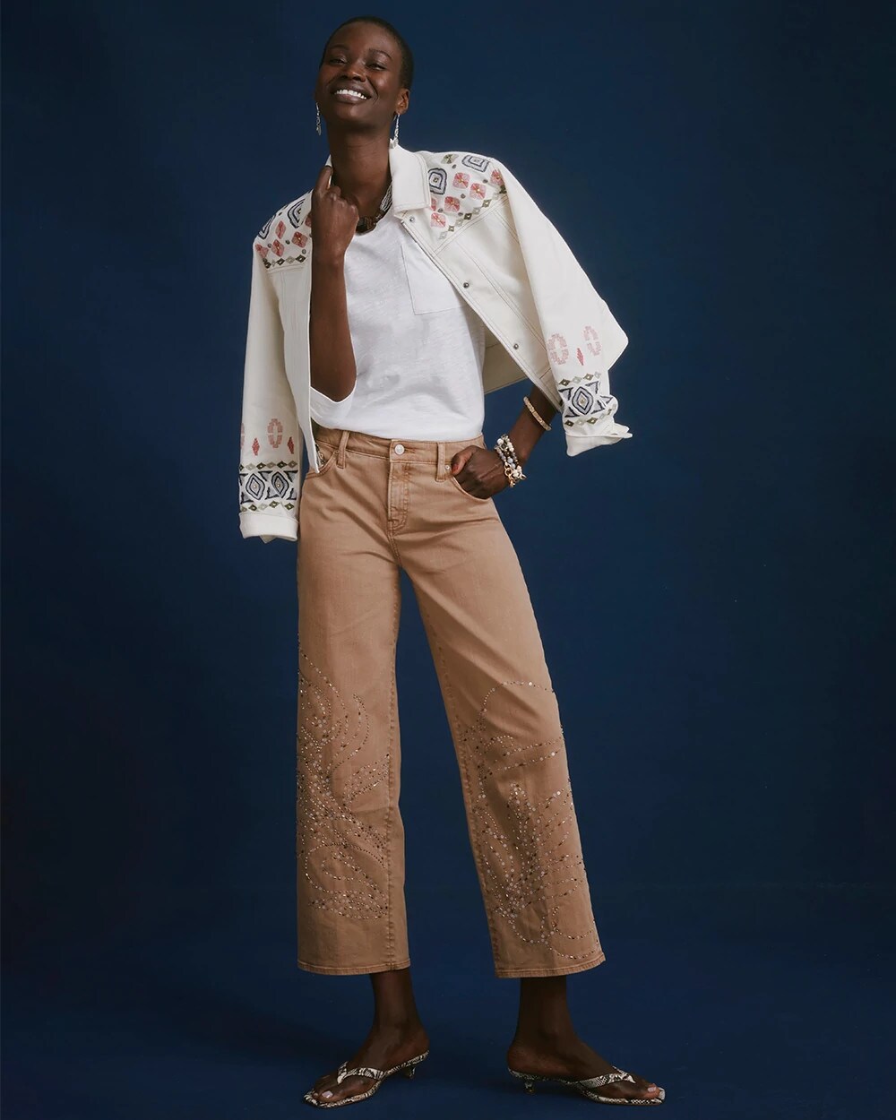 Girlfriend Studded Wide-Leg Crop Jeans