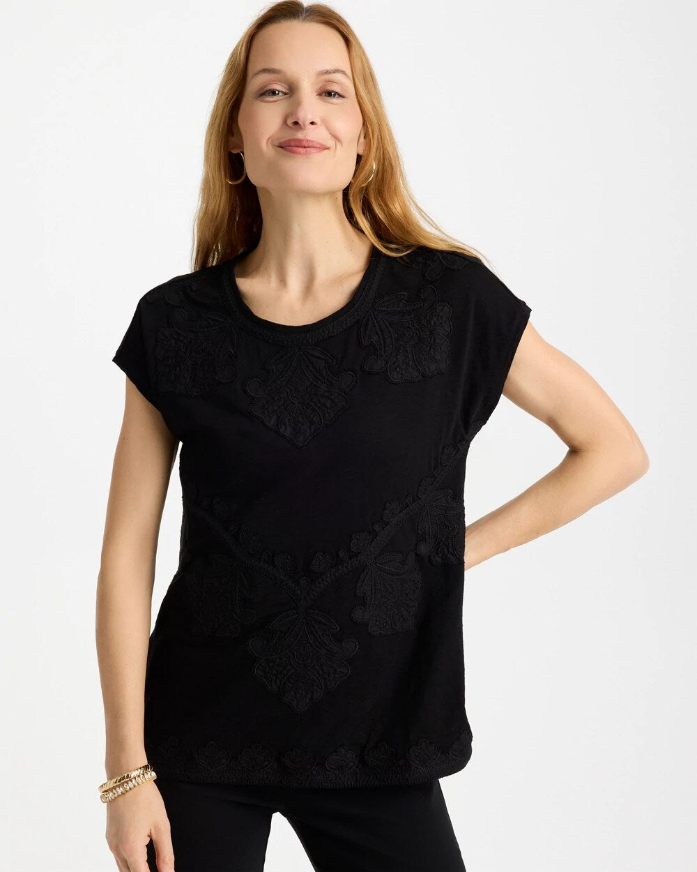 Monochrome Embroidered Cap-Sleeve Tee