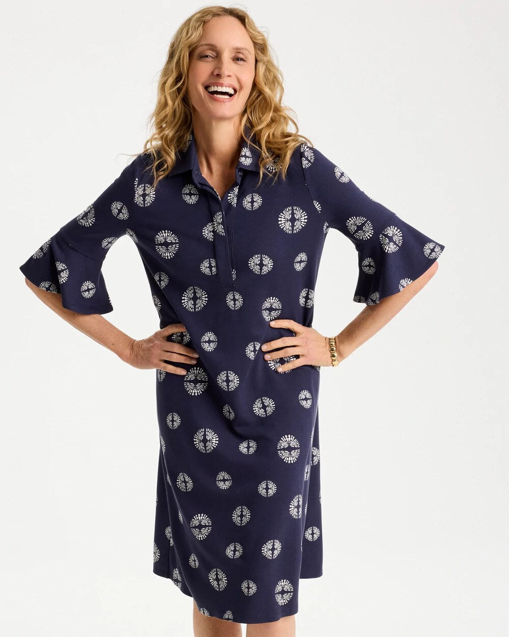 Printed Ponte Flounce Sleeve Dress