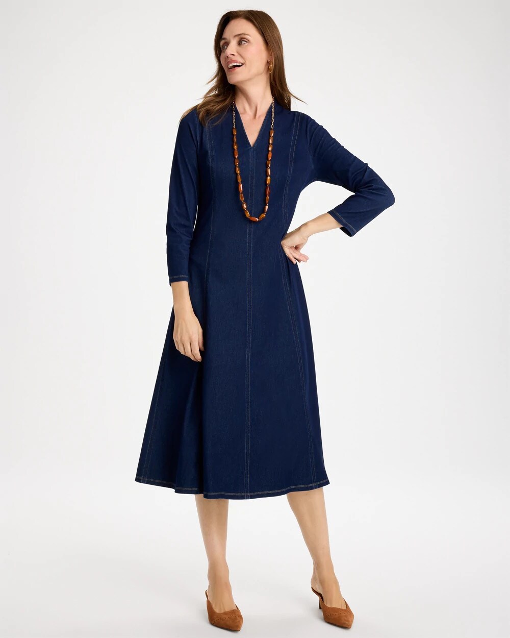 Knit Denim Seamed 3/4 Sleeve Dress