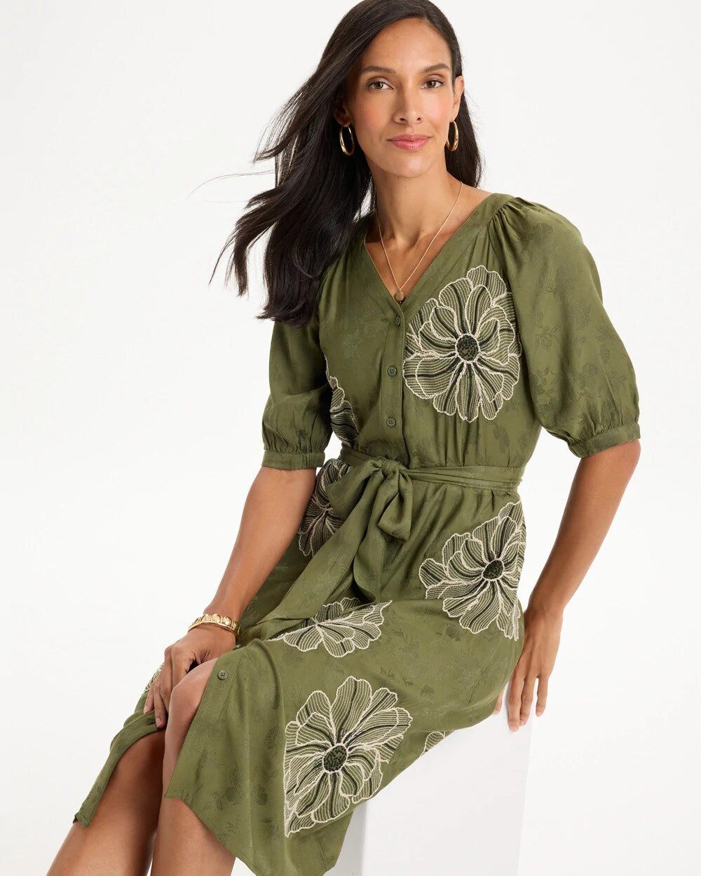 Embroidered Jacquard Belted Dress