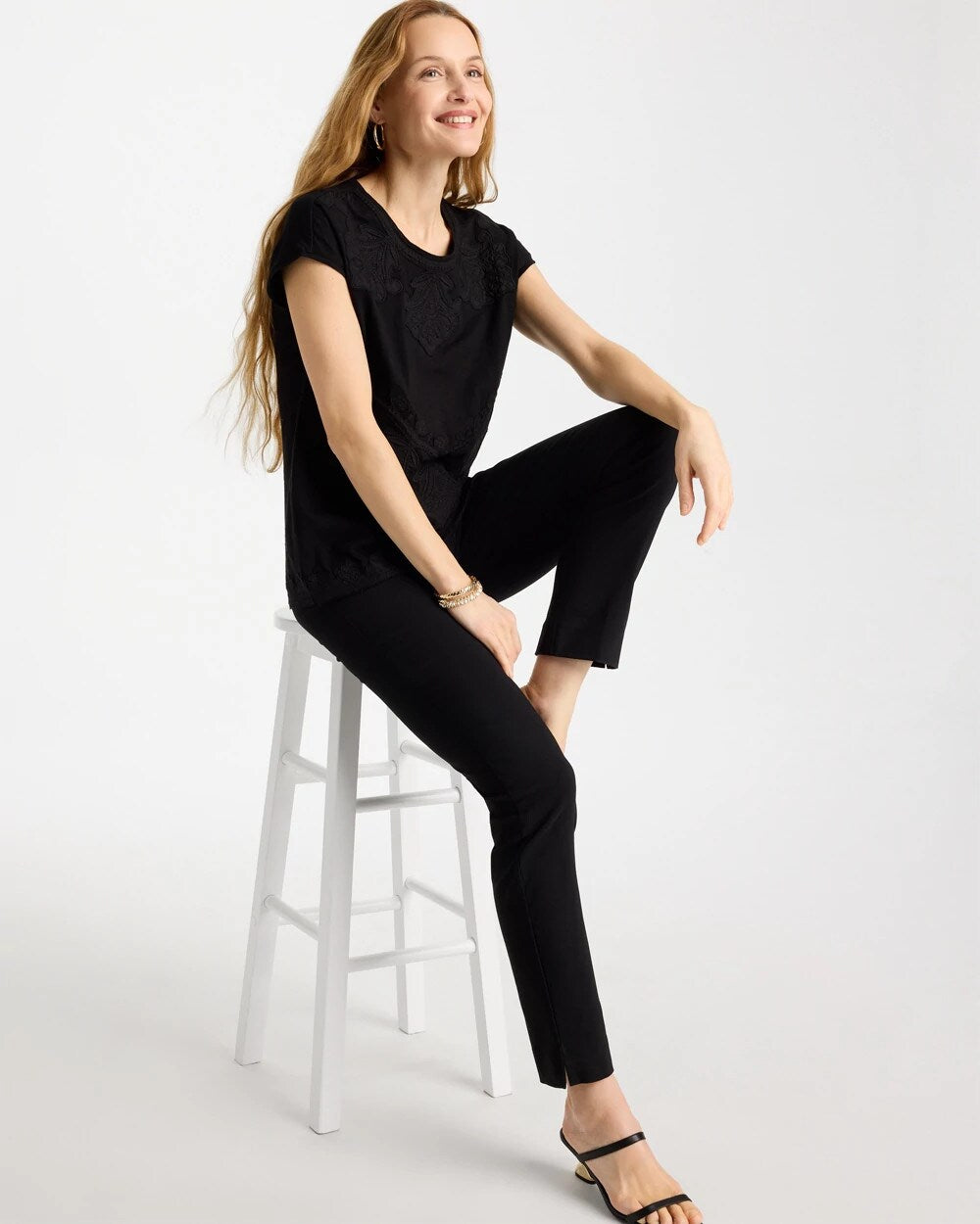 Monochrome Embroidered Cap-Sleeve Tee