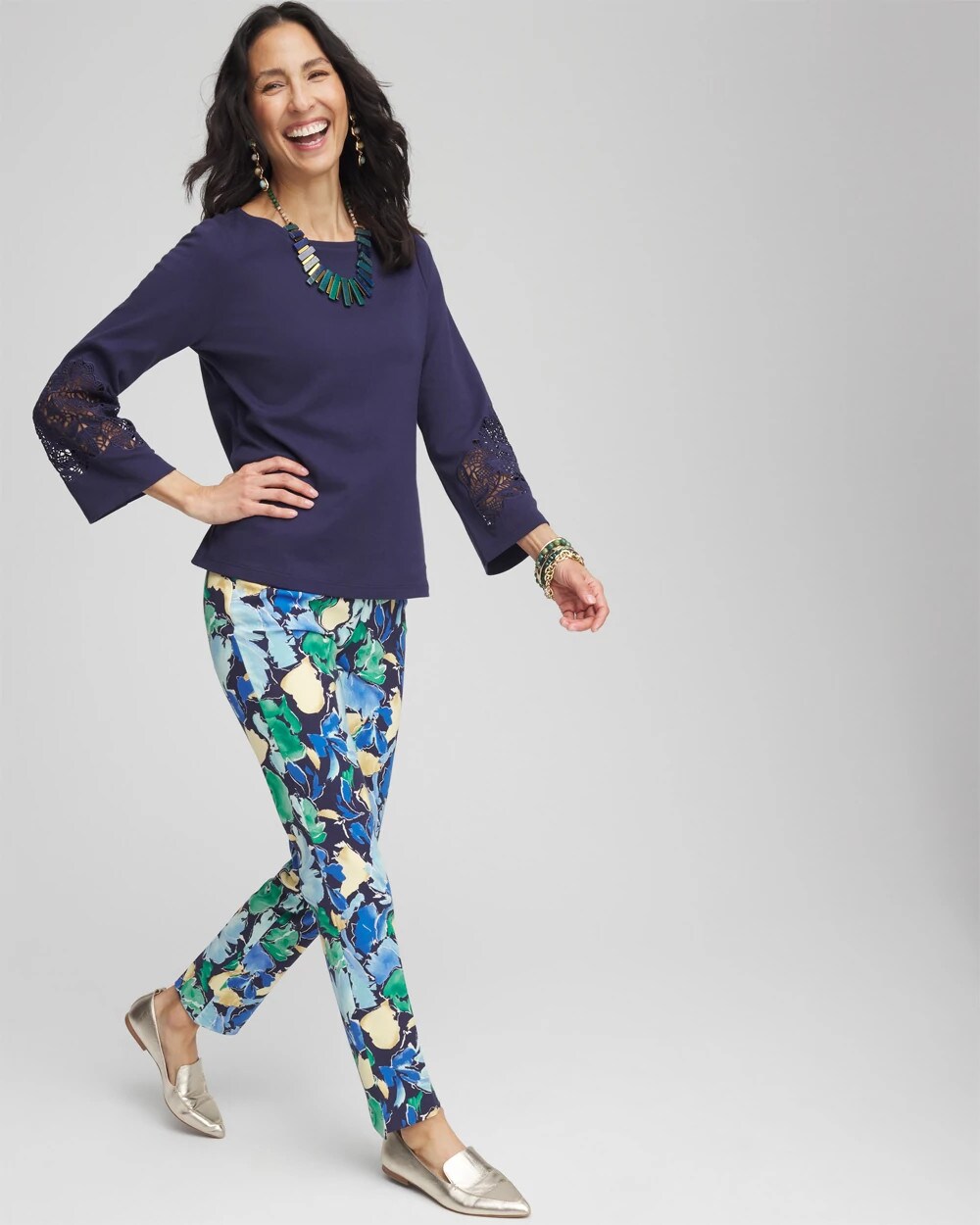 Brigitte Slub Floral Slim Ankle Pants