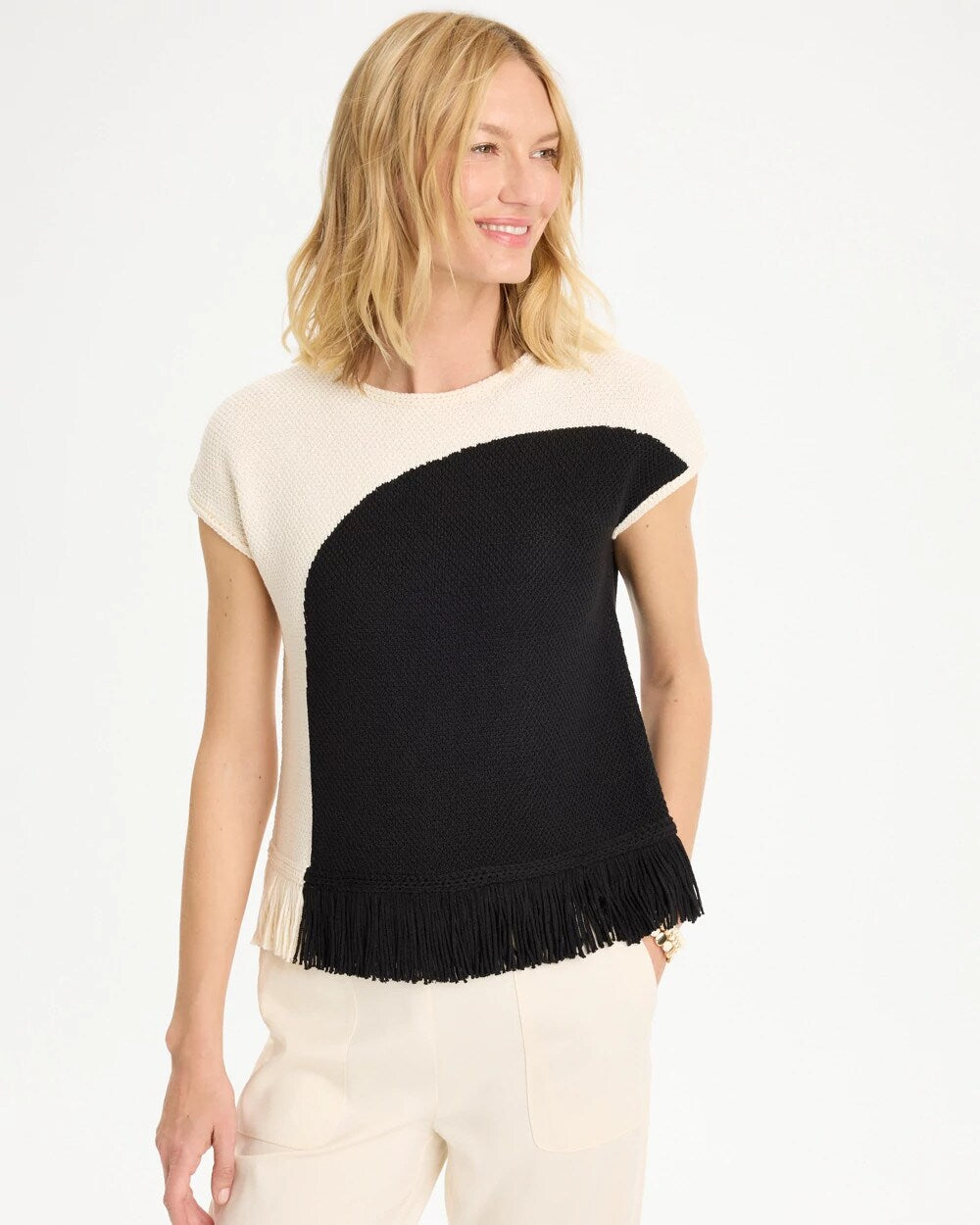 Colorblock Intarsia Fringed Sweater