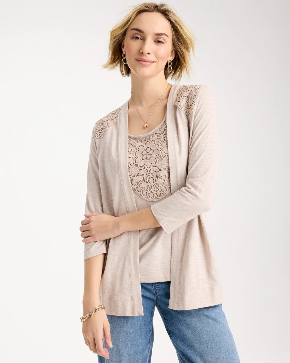Embroidered Cotton Slub 3/4 Sleeve Cardigan
