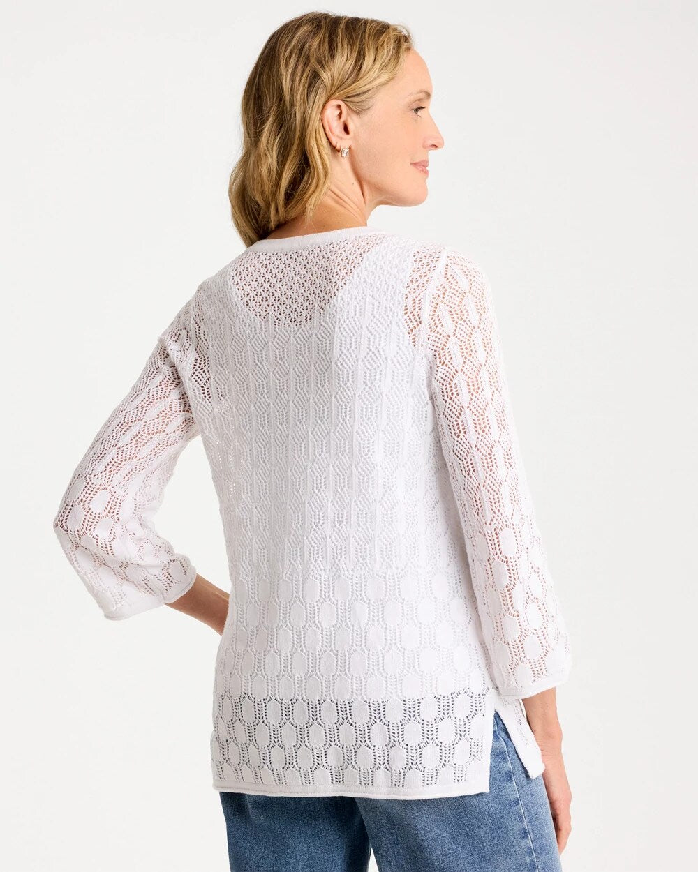 Cotton-Linen Lace Notch-Neck Sweater