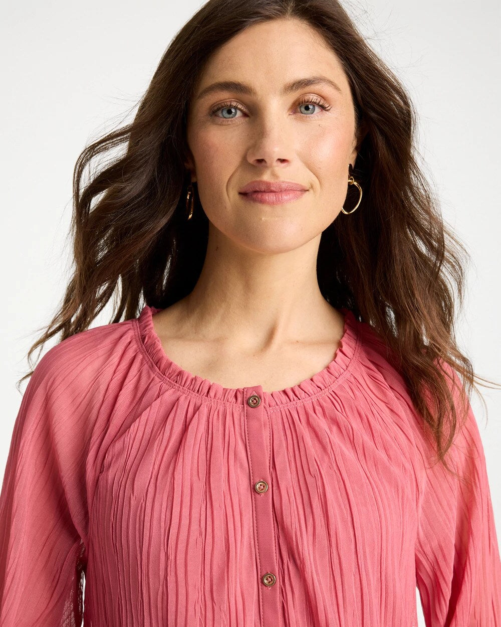 Crinkle Mesh Ruffle Neck Top