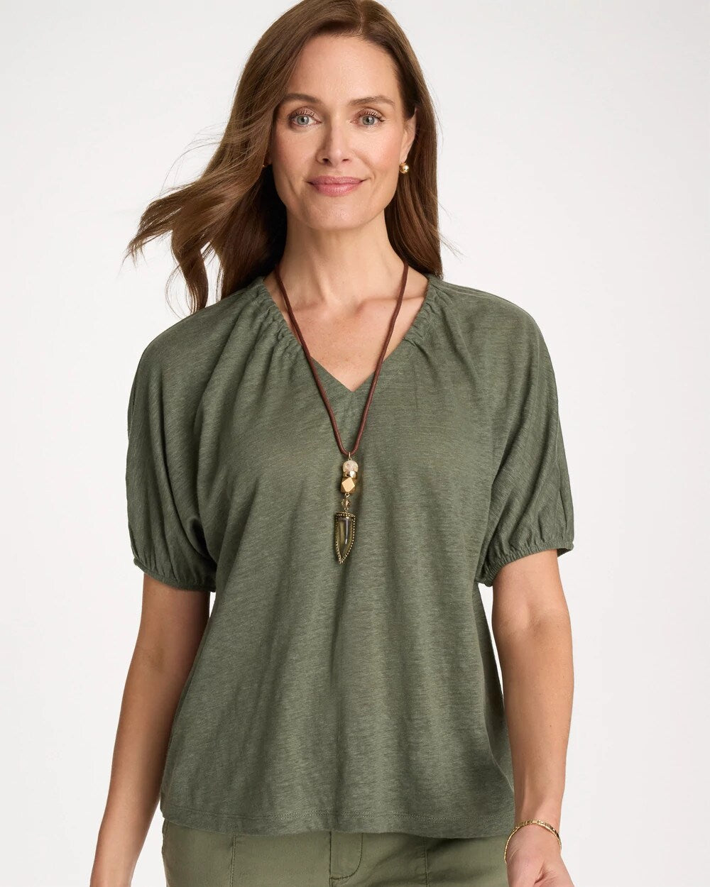 Linen Ruched V-Neck Tee