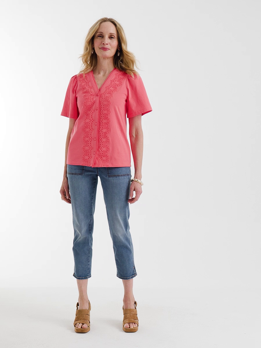 Embroidered Button-Front Tee
