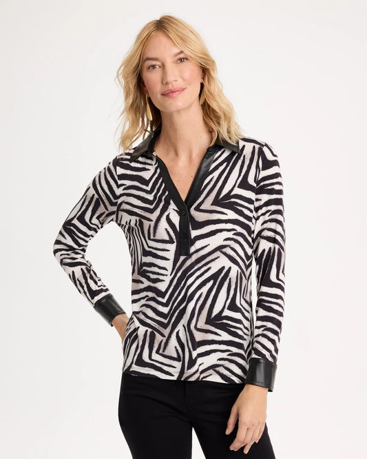 Zebra Animal Print Knit Leather-Trim Tee
