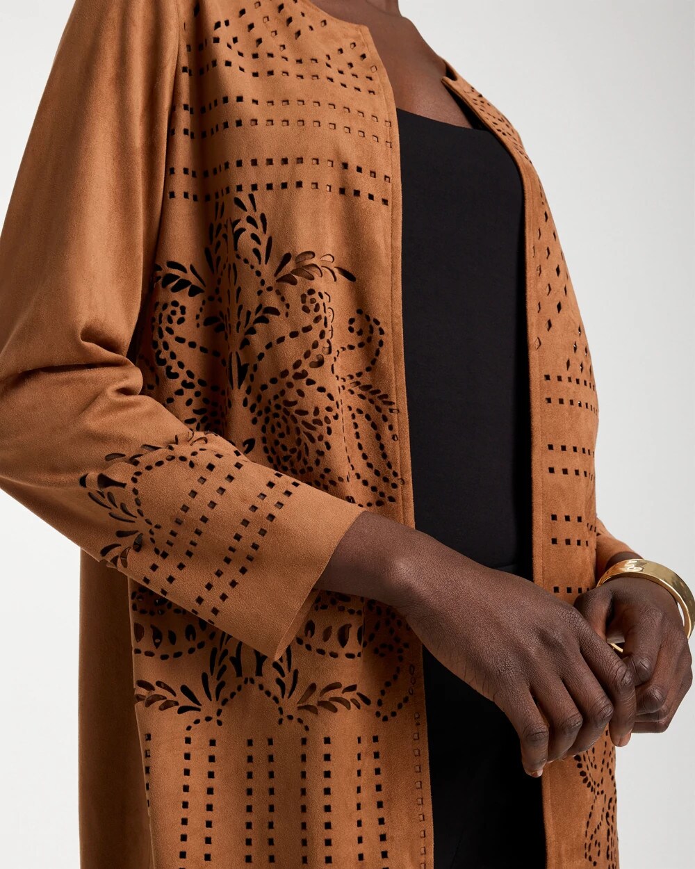 Faux Suede Cutwork Longline Jacket