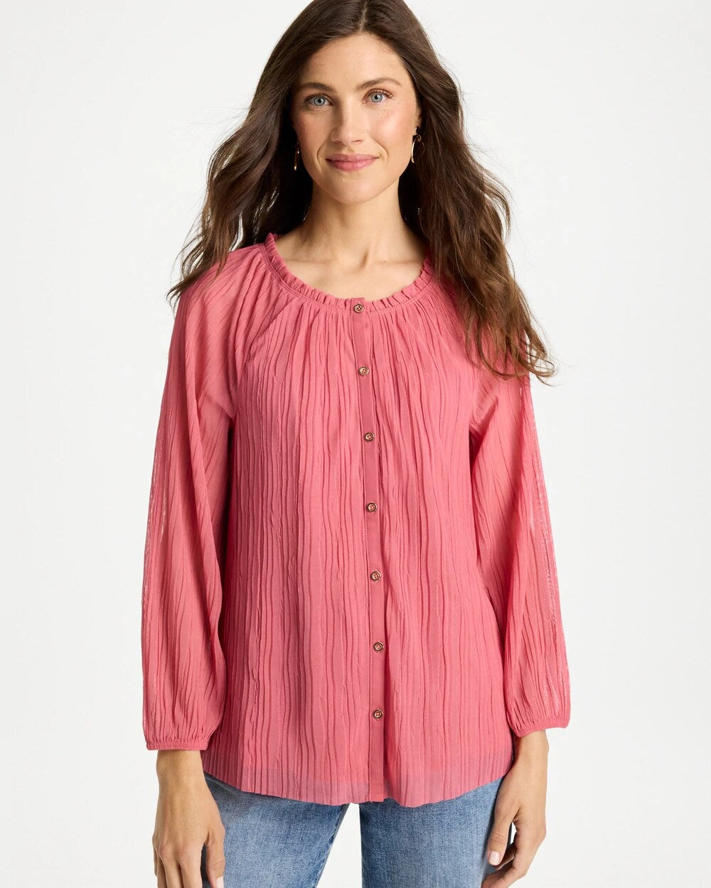 Crinkle Mesh Ruffle Neck Top