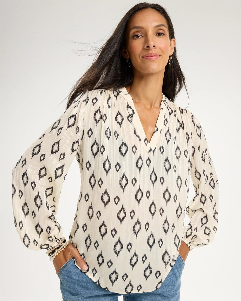 Satin Diamond Print Long Sleeve Blouse