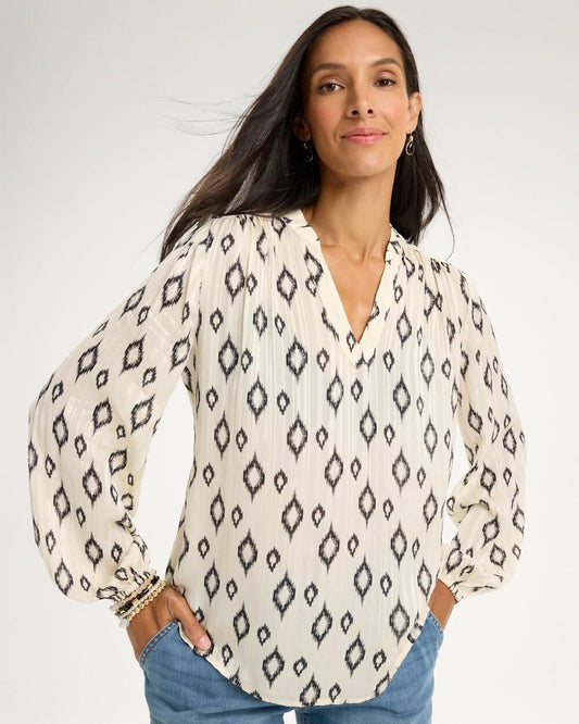 Satin Diamond Print Long Sleeve Blouse