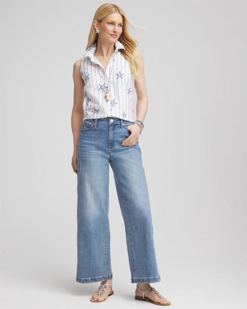No Iron Starfish Striped Sleeveless Sateen Shirt