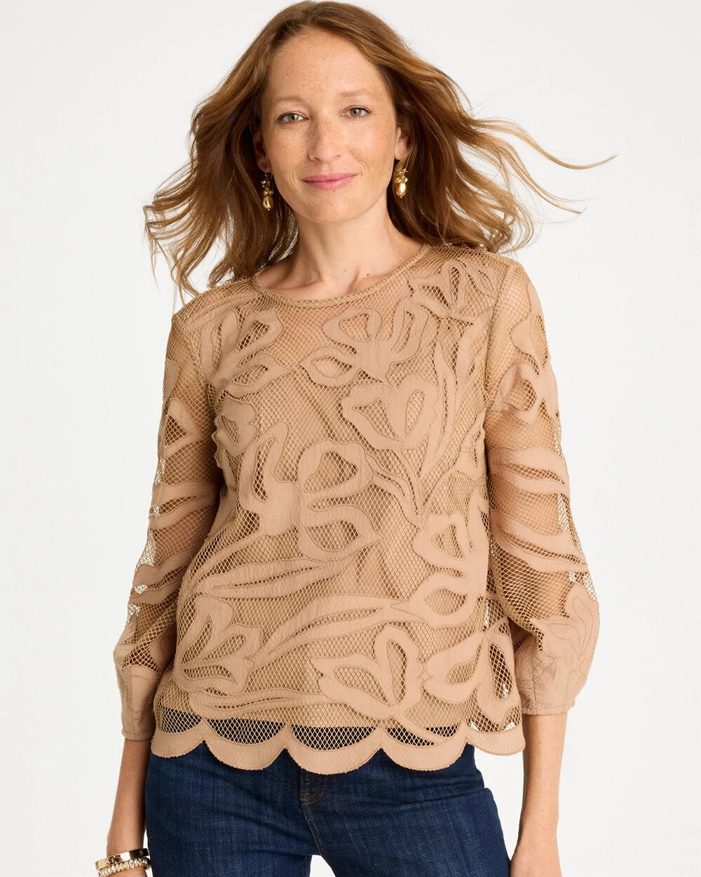 Floral-Motif Mesh 3/4 Sleeve Top